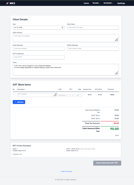 MK3 GST bill generation form with client details and work items